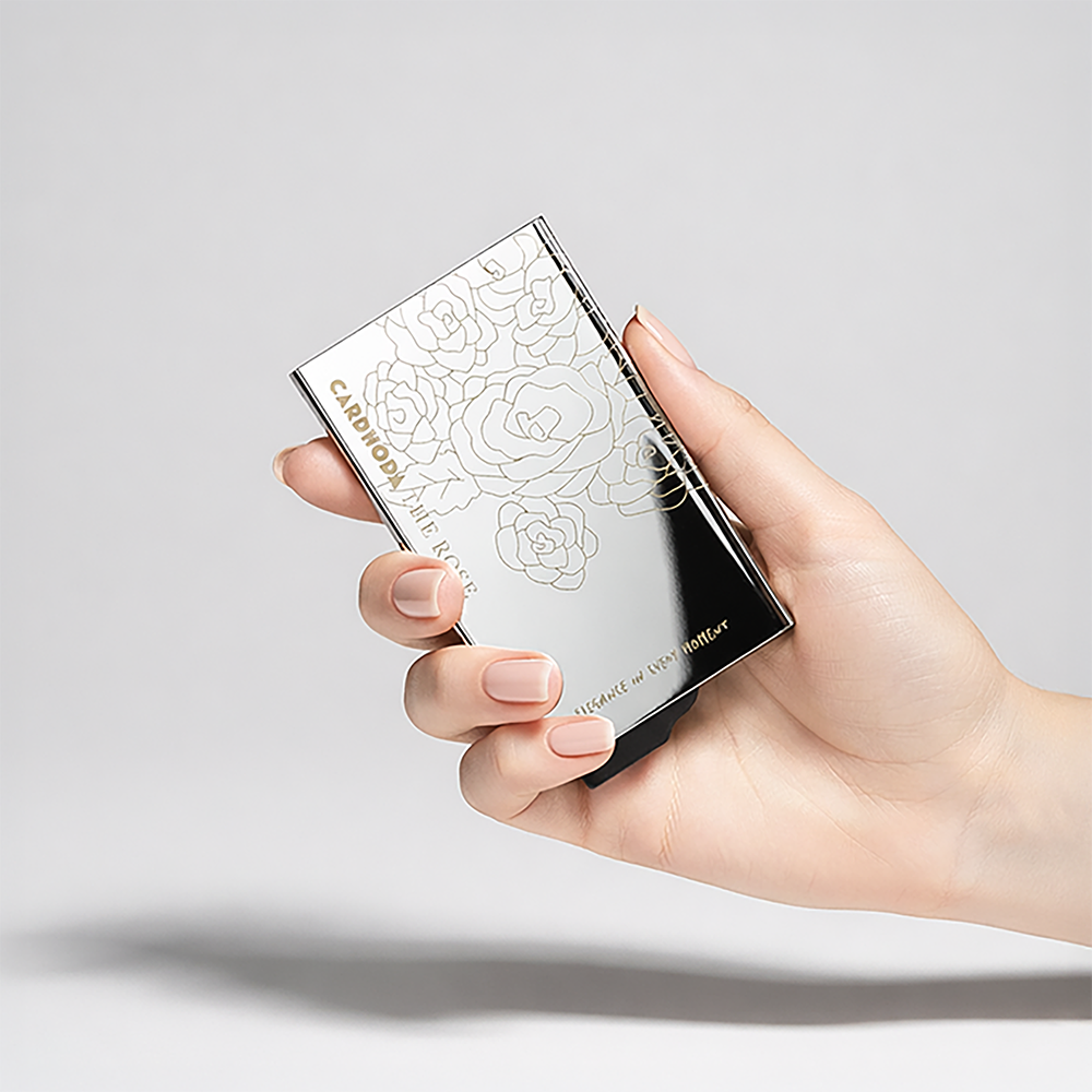 Cardhoda【THE ROSE】鏡面不銹鋼 RFID 防盜刷卡片盒 | 玫瑰蝕刻工藝 (Mirror Edition)