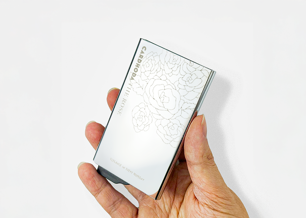 Cardhoda【THE ROSE】鏡面不銹鋼 RFID 防盜刷卡片盒 | 玫瑰蝕刻工藝 (Mirror Edition)